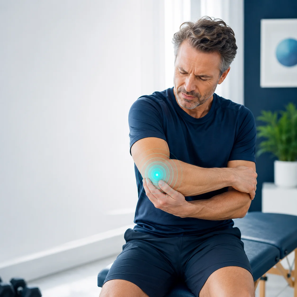 Patient with musculoskeletal elbow pain at Shockwave Revibe Clinic