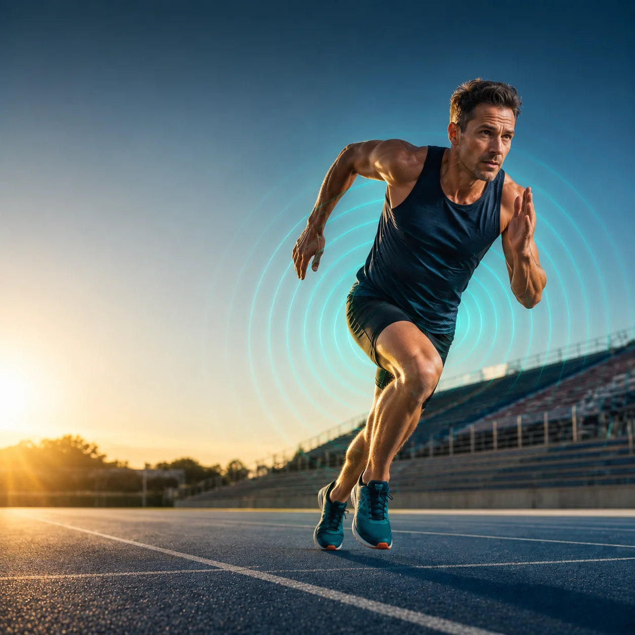 Athlete sprinting on track after sports injury treatment at Shockwave Revibe Clinic, Notting Hill Gate London