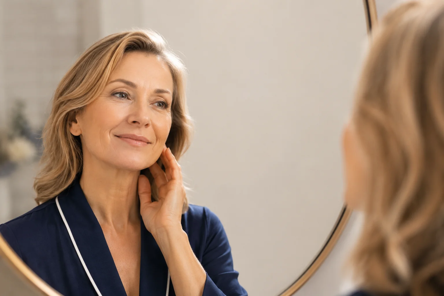 Patient admiring results after dermal filler treatment at Shockwave Revibe Clinic, Notting Hill Gate London