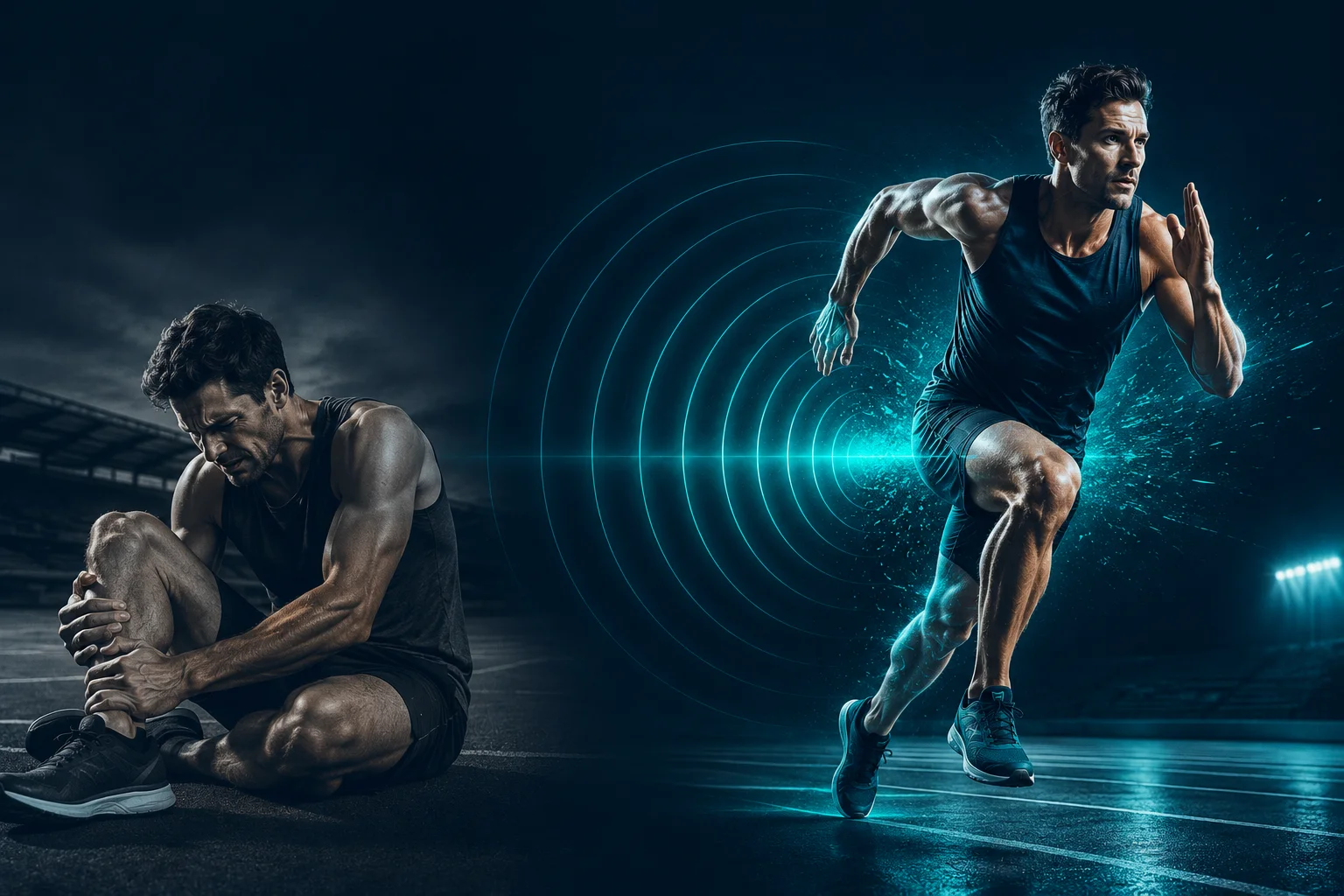 Sports injury treatment — injured and recovered athlete with shockwave therapy teal effect